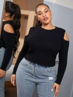 Cold Shoulder Long Sleeve Regular Fit Rib-Knit Plus Size Sweaters 23