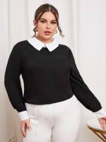 Black Colorblock Collar Long Sleeve Plus Size Tops 9836