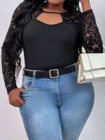 Black Long Sleeve Slim Fit Plus Size Tops 8657