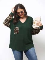 V neck Long Sleeve Leopard Casual Plus Size Tops 931