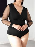  Black Contrast Mesh Long Sleeve Plus Size Jumpsuits  Bodysuits 6580