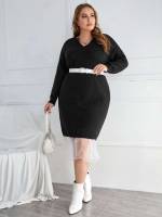  Black Long Sleeve Contrast Mesh Plus Size Sweater Dresses 516