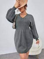 V neck Regular Fit Black Plus Size Sweater Dresses 8908