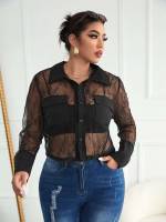 Regular Black Pocket Sexy Plus Size Blouses 3293