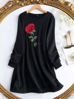  Floral Black Round Neck Women Plus Clothing 714