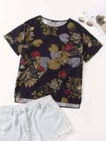 Short Sleeve Black Floral High Low Women Plus Clothing 2455