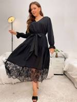  V neck Contrast Lace Plus Size Dresses 874