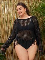  Fringe Long Sleeve Plus Size Cover Ups  Kimonos 3395