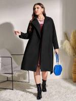  Belted Knee Length Black Plus Size Outerwears 5227