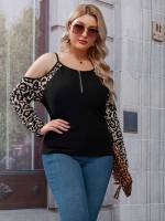 Cold Shoulder Long Sleeve Leopard Plus Size Tops 2715