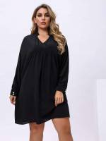 Short Black Plain Notched Plus Size Dresses 5099