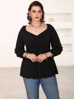 Black Long Sleeve Plain Plus Size Tops 3786