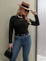 Elegant Stand Collar Regular Black Plus Size Tops 2017