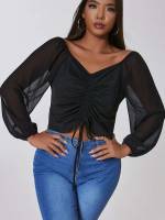 V neck Crop Casual Long Sleeve Plus Size Women Tops 168