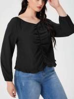  Frill Long Sleeve Plain Plus Size Tops 7461