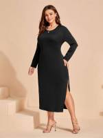 Regular Fit Black Split Thigh Long Plus Size Dresses 430