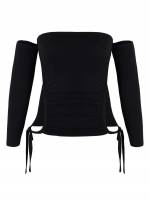 Long Sleeve Black Plain Crop Plus Size Tops 4329