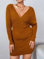  Slim Fit Black Deep V Neck Plus Size Sweater Dresses 719