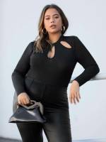 Cut Out Plain Black Plus Size Bodysuits 3503