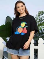 Oversized Round Neck Black Plus Size T-shirts 5129