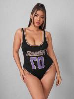 Contrast Binding Sleeveless Black Plus Size Bodysuits 6226