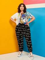  Black Regular Fit All Over Print Plus Size Bottoms 9492