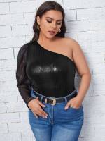 Regular Black One Shoulder Plus Size Women Tops 7436