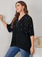 Oversized Long Plain V neck Women Plus Clothing 6995