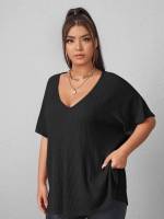  V neck Black Plain Plus Size Tops 8794