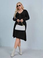 Plain Knee Length Asymmetrical V neck Plus Size Sweater Dresses 2242