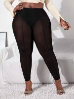 Plain  Contrast Mesh Plus Size Leggings 6100