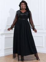 Contrast Mesh Black Long Sleeve Maxi Plus Size Dresses 8058