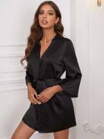 Long Sleeve Belted Black Women Robes 9753