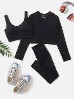 Long Sleeve Plain Black Scoop Neck Women Activewear 6327