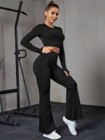 Black Plain Long Sleeve Women Sports Sets 6140