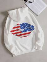  Flag Long Sleeve Drawstring Women Sweatshirts 1129