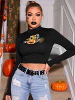 Slim Fit Black Halloween Stand Collar Women Tops, Blouses  Tee 439