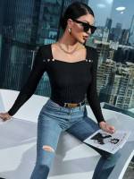 Elegant Black Slim Fit Square Neck Women Tops, Blouses  Tee 5088