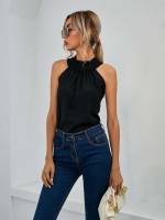 Plain Black Elegant Shirred Women Tank Tops  Camis 3180