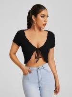 Black Lettuce Trim Crop Sexy Women Tops, Blouses  Tee 6696