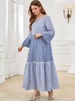 Gingham Long Sleeve Round Neck Wedding  Special 6787