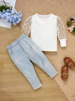 Polka Dot Casual Round Neck Blue and White Baby  Mom 6746