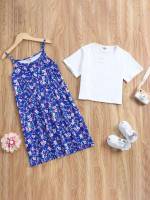 Ditsy Floral Blue and White Round Neck Girls Clothing 9084