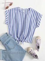  Round Neck Blue and White Striped Girls Tops 753