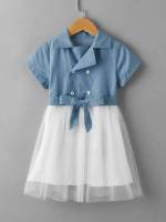 Colorblock Blue and White Short Short Sleeve Toddler Girls Clothing 7263