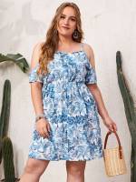 Short Blue and White Tropical Plus Size Dresses 248