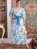 Maxi Blue and White Three Quarter Length Sleeve Floral Plus Size Dresses 78