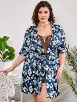  Blue and White Floral Plus Size Beachwear 5116