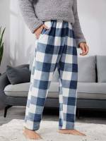 Blue and White Pocket Gingham Men Loungewear Bottoms 4887