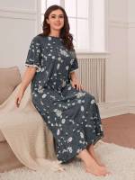 Floral Round Neck Casual Half Sleeve Women Plus Sleep  Lounge 3354